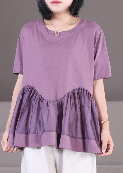 Purple Wrinkled Patchwork Cotton Loose Tank Tops Short Sleeve