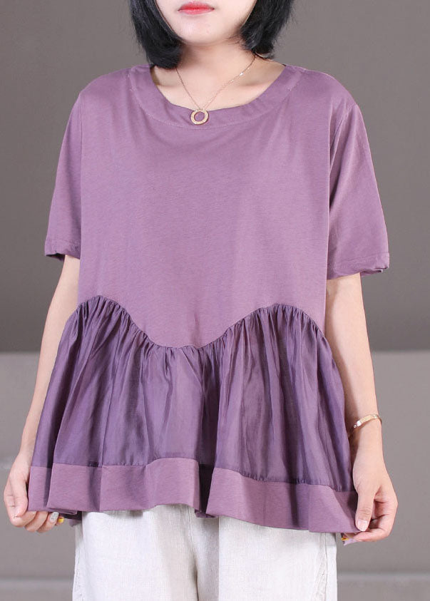 Purple Wrinkled Patchwork Cotton Loose Tank Tops Short Sleeve