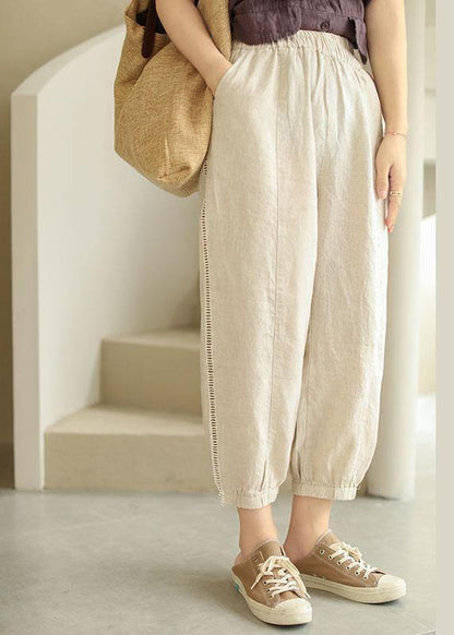 Organic Beige Retro Hollow Out Pockets Fall Pants