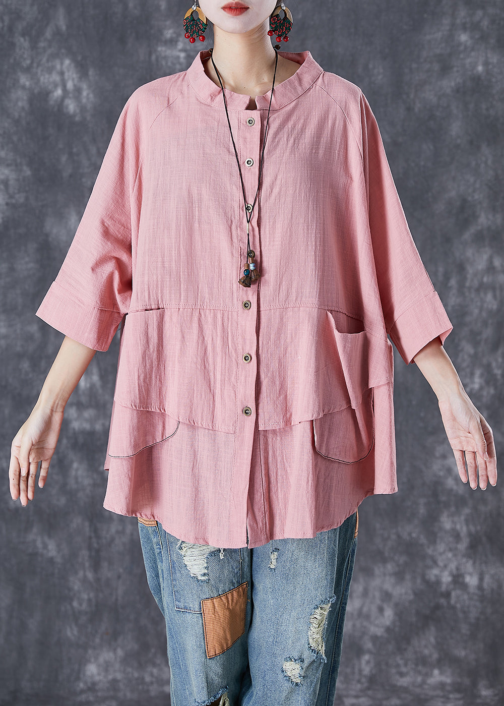 Pink Button Down Pockets Linen Blouses Batwing Sleeve