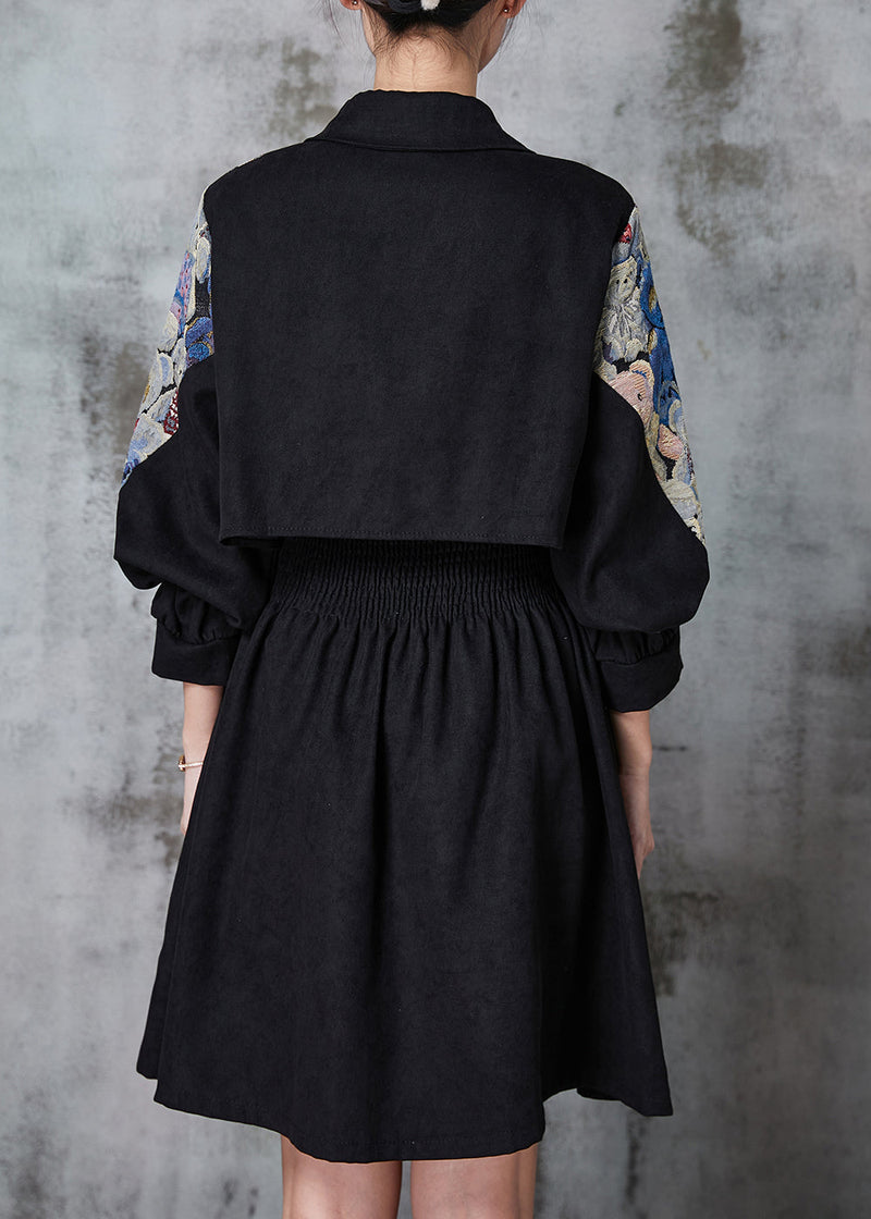 Black Tasseled Patchwork Cotton Dress Spring