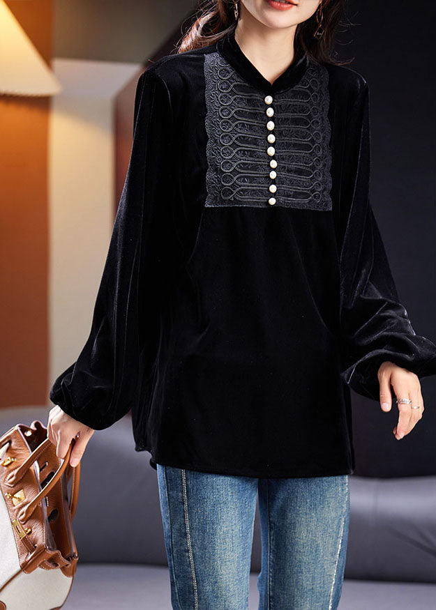Vogue Black O-neck Nail Bead Patchwork Silk Velour Top Fall