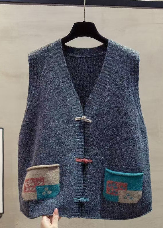 Art Dark Blue Chinese Button Patchwork Pockets Knitted Vests Spring