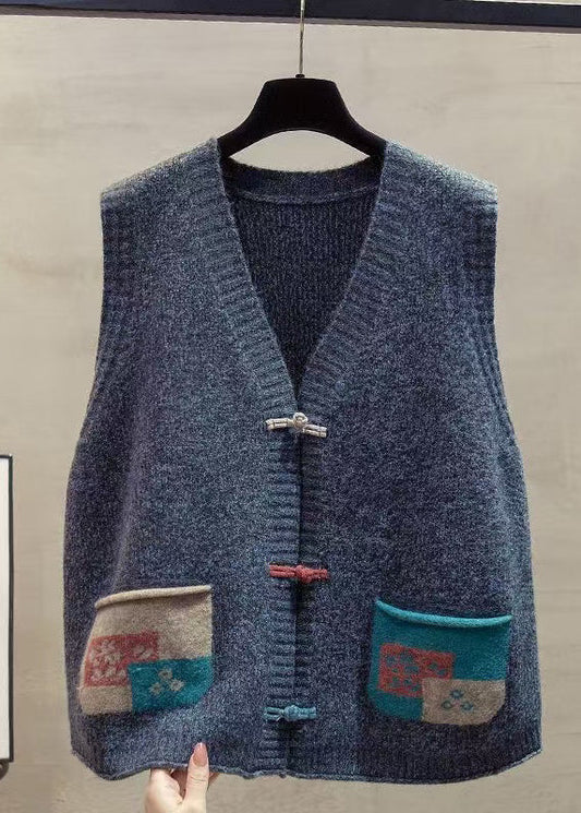 Art Dark Blue Chinese Button Patchwork Pockets Knitted Vests Spring