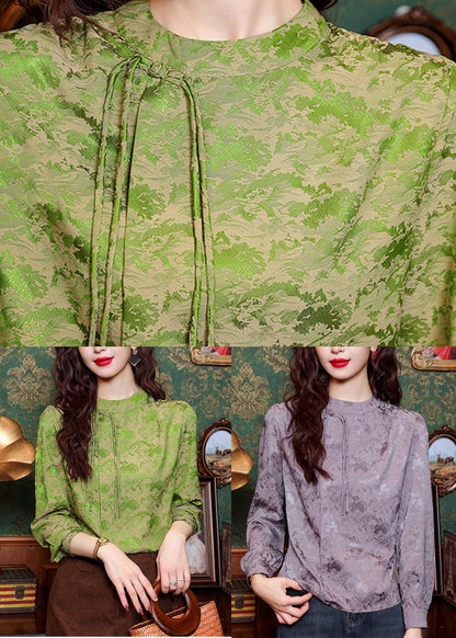 Jacquard Purple Turtleneck Silk Top Long Sleeve