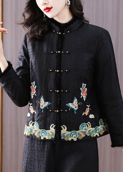 Handmade Black Embroideried Fine Cotton Filled Jacket Winter