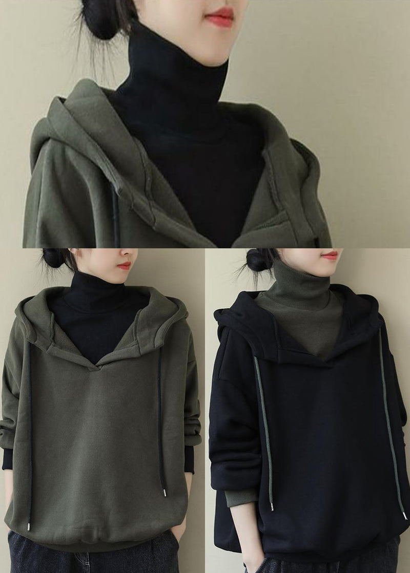 Army Green Drawstring Warm Fleece Sweatshirts Top Spring