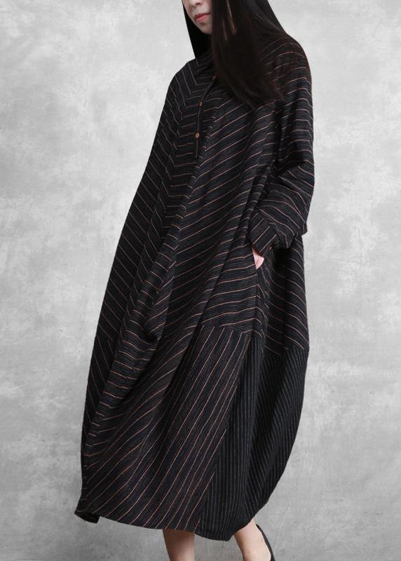 Natural Black Striped Linen Dresses Spring Gown