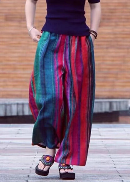Colorblock Pockets Striped Cotton Wide Leg Pants Summer