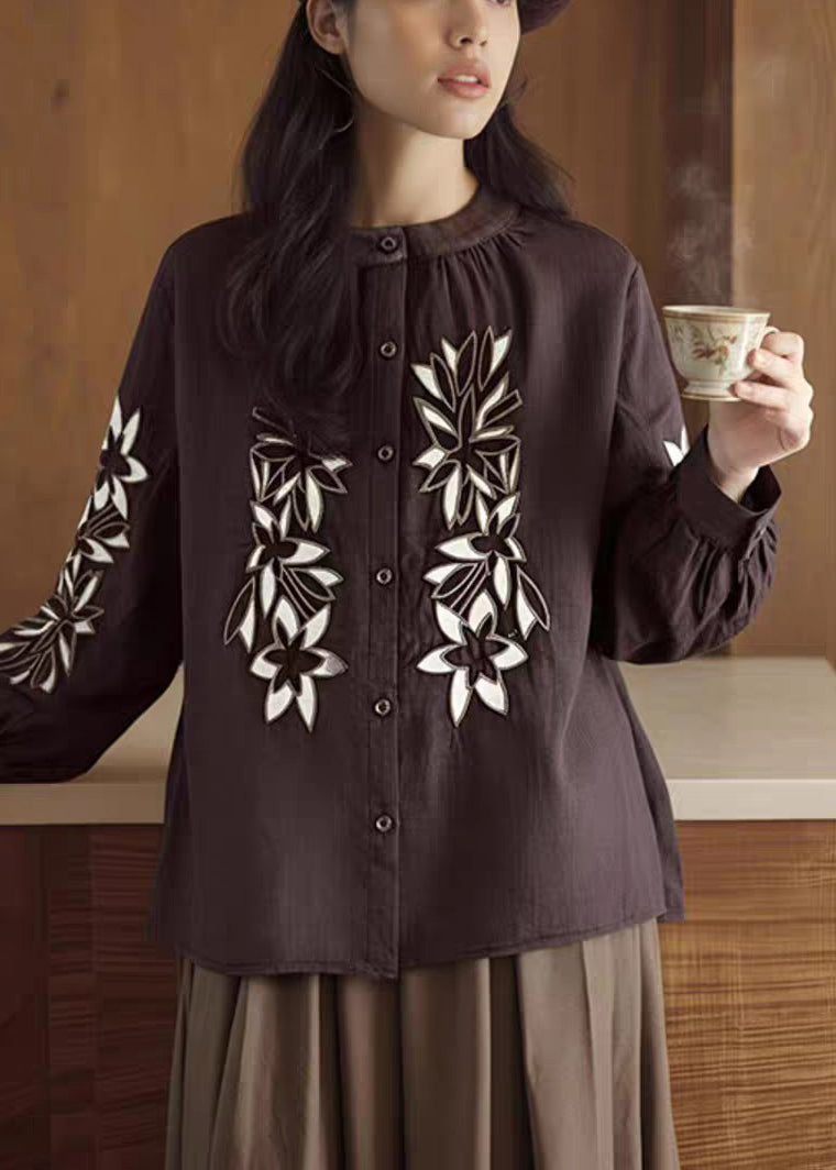 Coffee O-neck Button Embroidered Ramie Shirt Spring