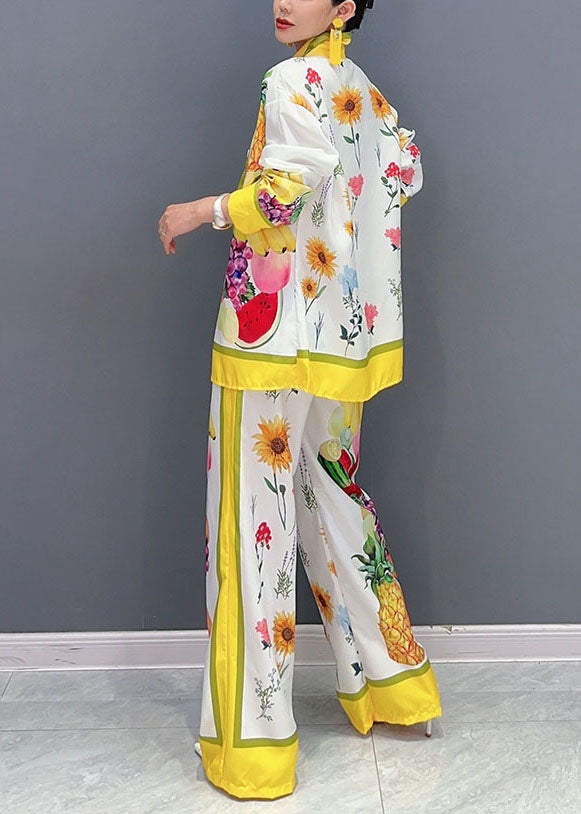 Yellow Fruit Print Button Shirts and Wide Leg Pants Two Piece Set Spring