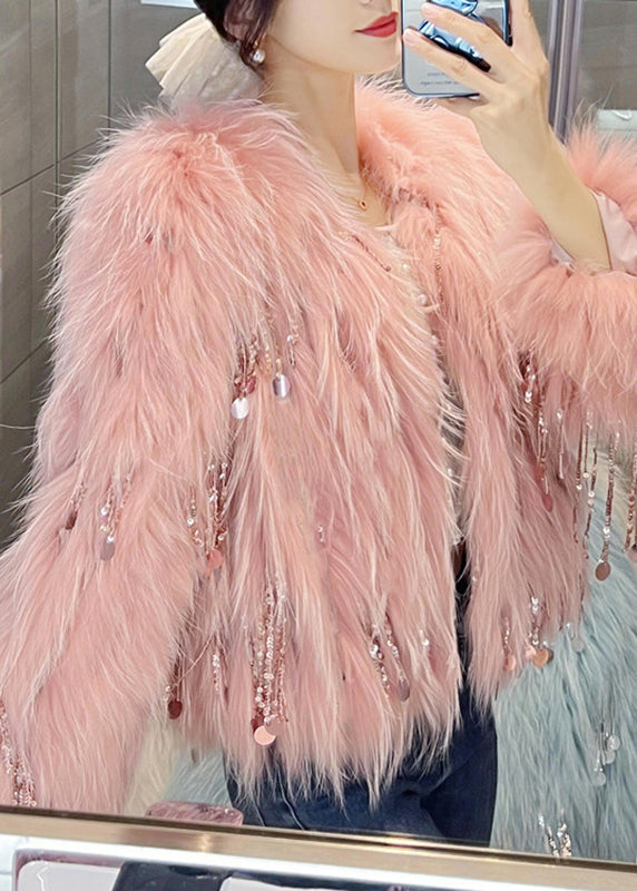 Modern Pink Sequins Tassel Leather and Fur Coats Winter