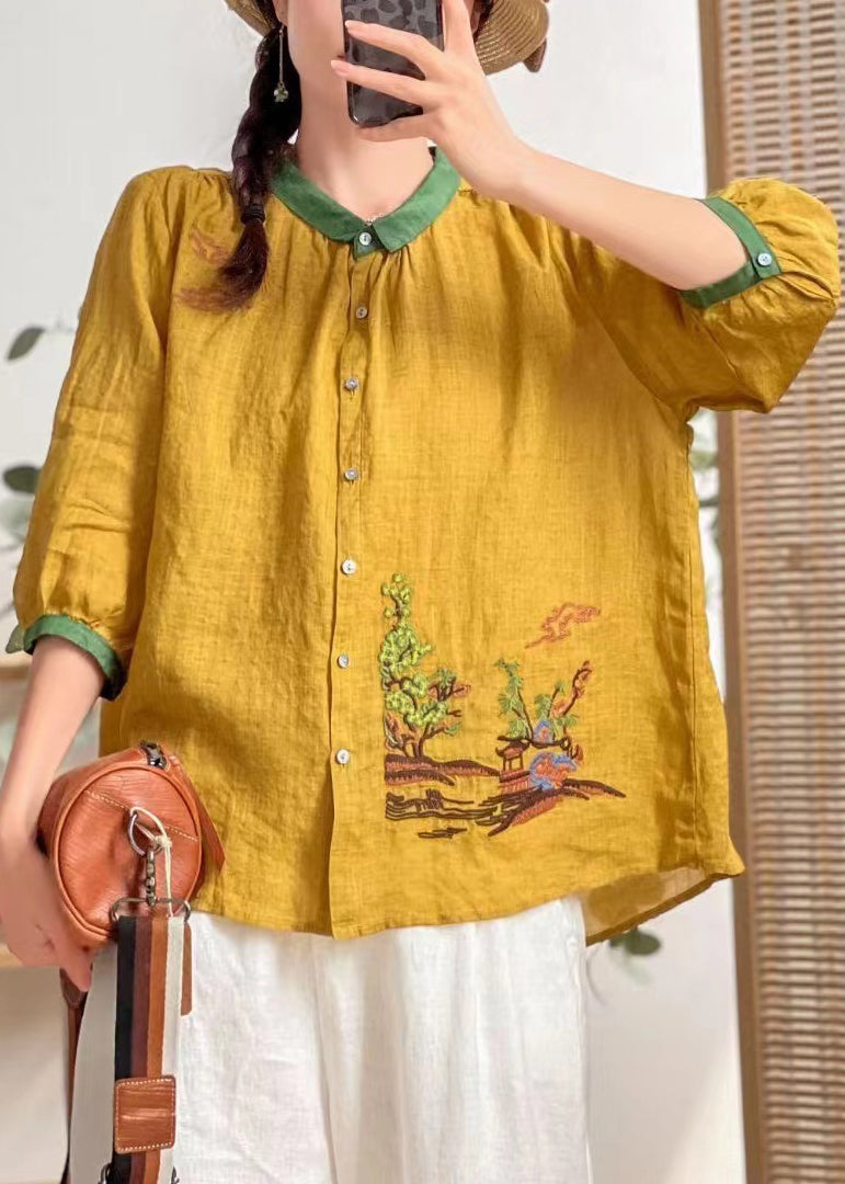 Yellow Embroideried Patchwork Linen Shirt Tops Summer
