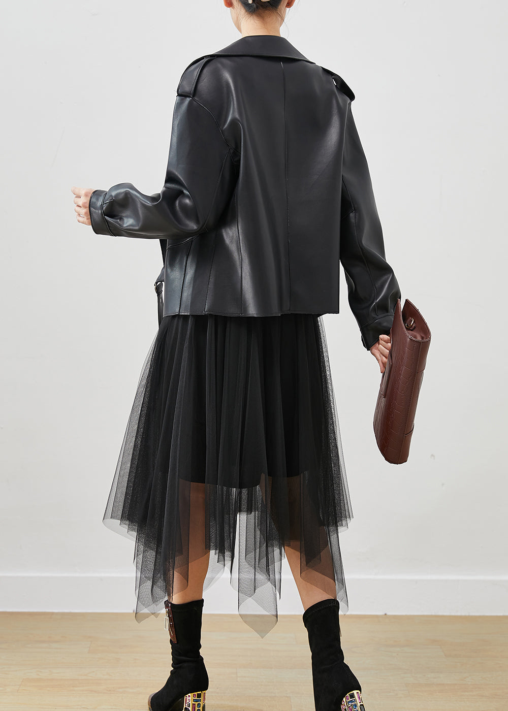 Black Faux Leather Coats and Tull Dress Two Piece Set Clothing Spring