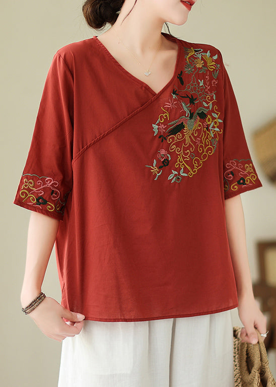 Italian Red Side Open Cotton Top Half Sleeve