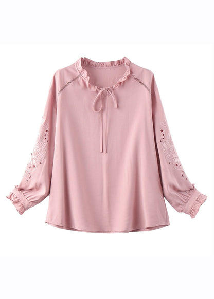 Classy Pink Ruffled Patchwork Hollow Out Silk Shirt Fall