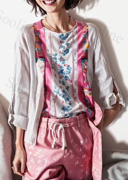 New White O Neck Print Patchwork Cotton Tops Long Sleeve