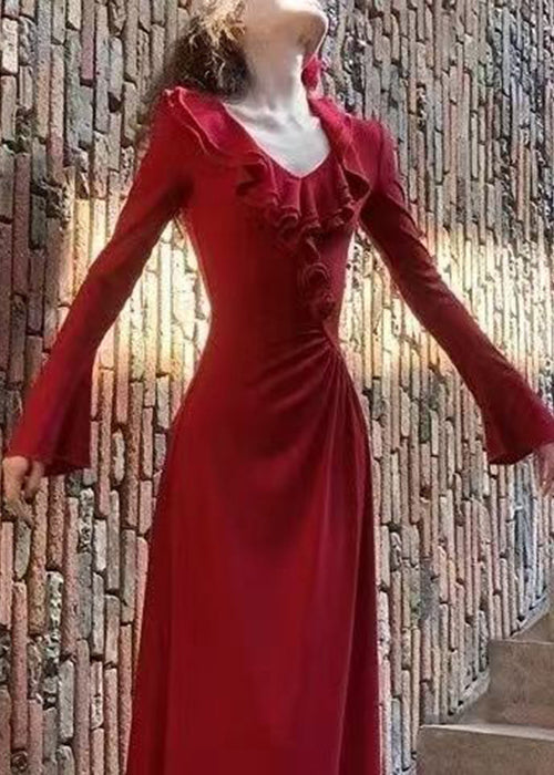 Slim Fit Red V Neck Cotton Long Dress Spring