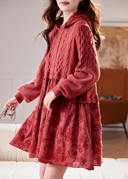 Unique Red Hooded Embroidered Patchwork Knit Dresses Spring