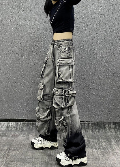 Gray Black Multi Pocket Denim Pants Autumn