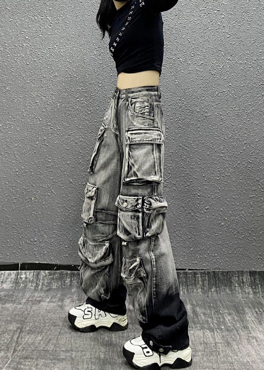 Gray Black Multi Pocket Denim Pants Autumn