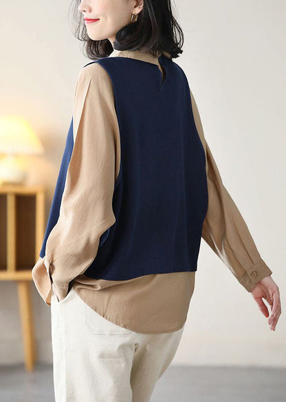 Navy Peter Pan Collar Patchwork Fake Two Piece Cotton Shirt Top Long Sleeve