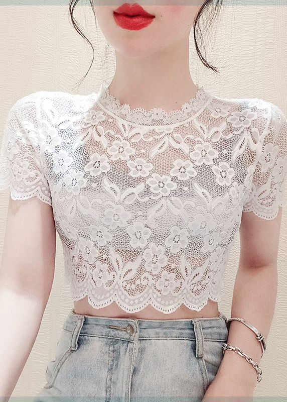 White Embroideried Lace Short Tank Half Sleeve