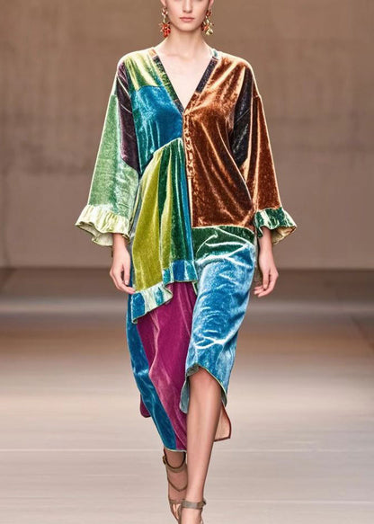 Italian Multicolor Asymmetrical Patchwork Silk Velour Day Dress Fall