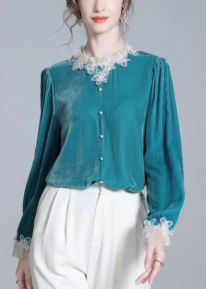 Blue Button Patchwork Silk Velour Top Winter