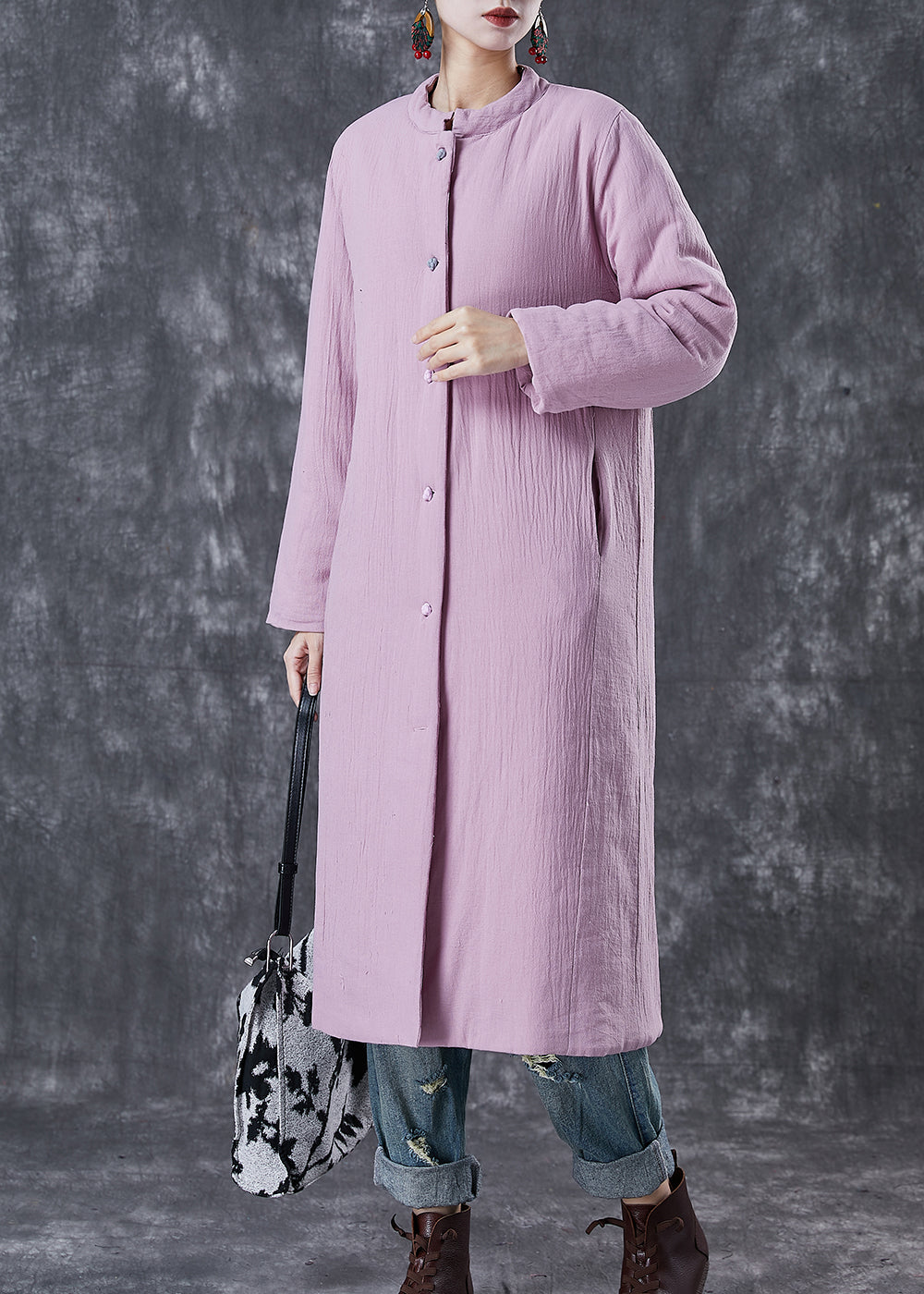 Purple Pockets Thick Fine Cotton Filled Long Coats Winter