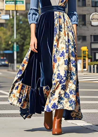 Print Patchwork Exra Large Hem Silk Velour Long Dresses Spring