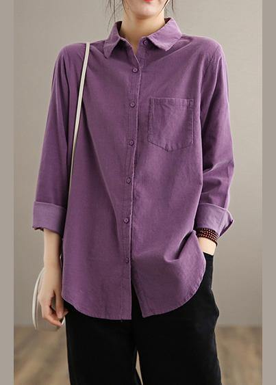 Style Lapel Pockets Spring Crane Tops Design Purple Shirt