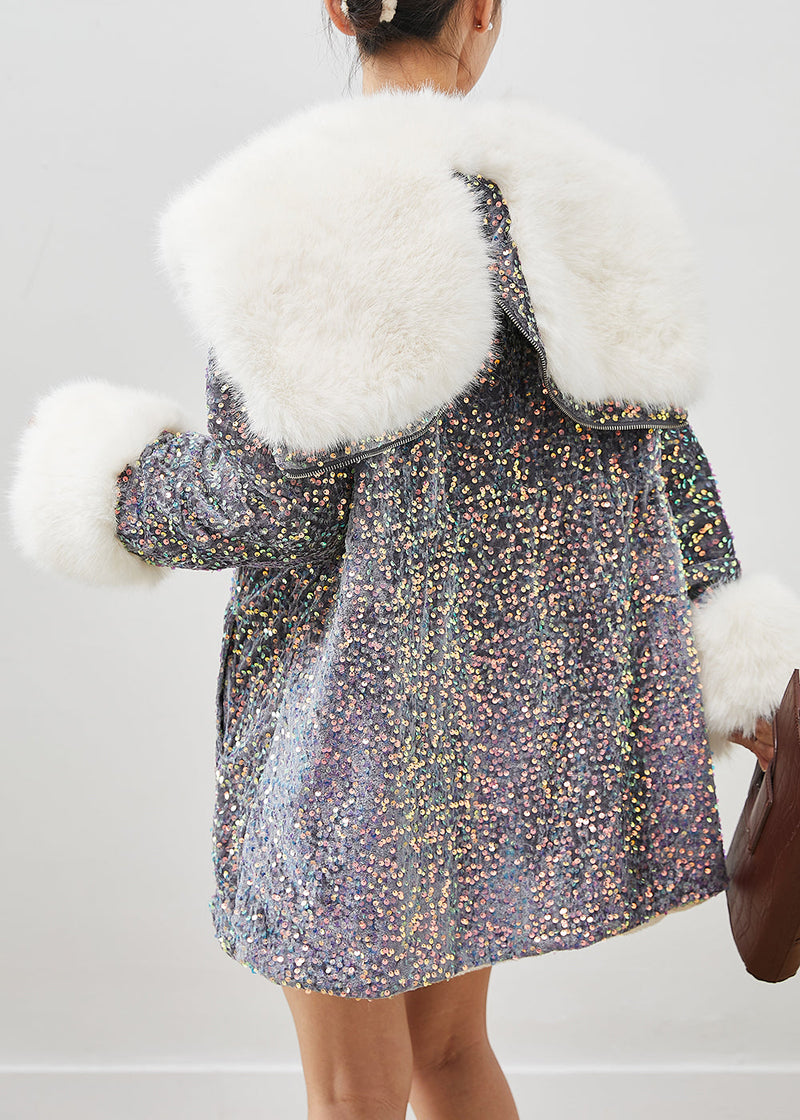 Grey Sequins Warm Faux Fur Velour Hoodie Coat Winter