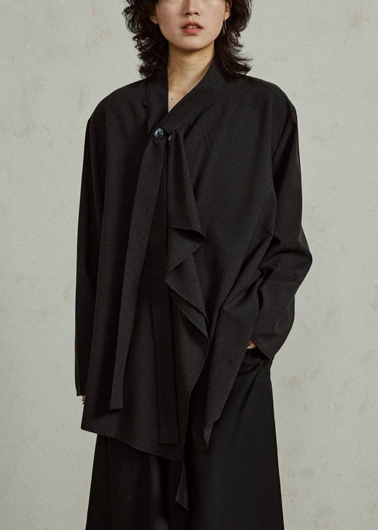 French Black V Neck Shirts Long Sleeve