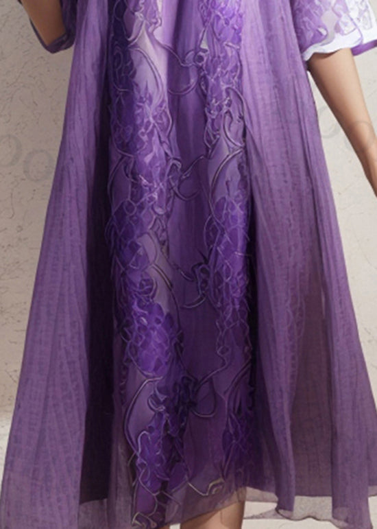 Italian Purple O Neck Print Patchwork Silk Dresses Summer