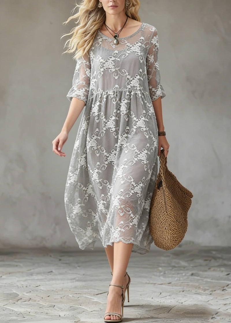 Grey O-neck Embroidered Silk Cotton Dress Summer
