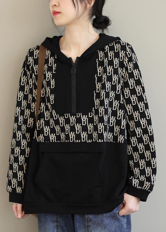 Black Print Tunics for Hooded Pockets Spring Tops