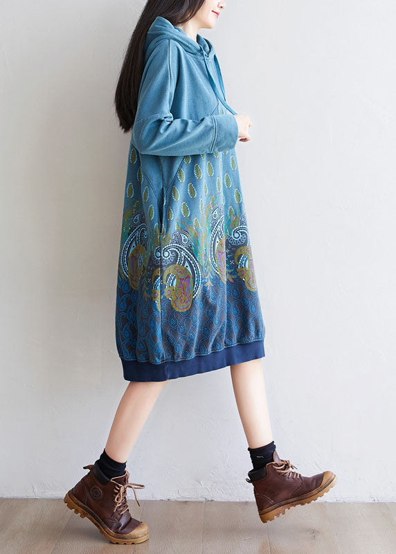 Blue Pullover Dresses Drawstring Hooded Spring
