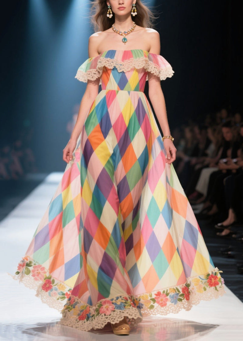 Multicolour Plaid Exra Large Hem Chiffon Strapless Dress Summer