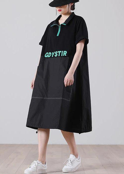 Handmade Black Graphic Zippered Holiday Summer Cotton Dress