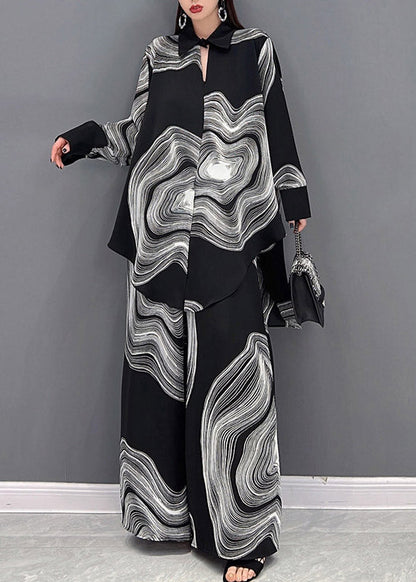 Vogue Peter Pan Collar Print Shirts and Wide Leg Pants Two Piece Set Long Sleeve
