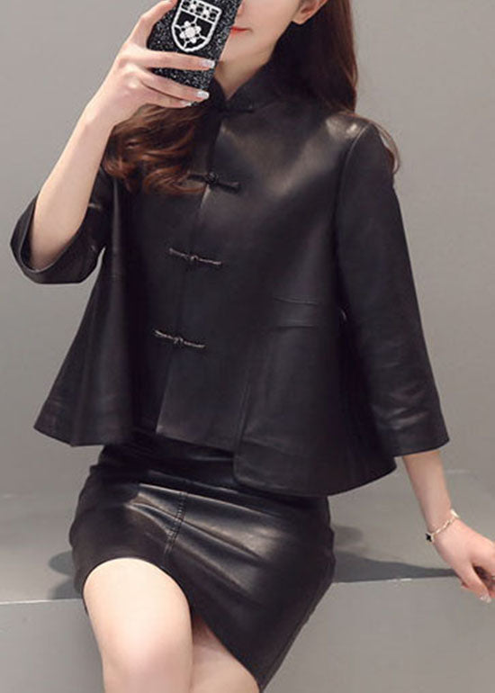 Black Button Stand Collar Faux Leather Coats Three Quarter Sleeve Fall
