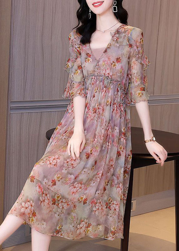 Pink Ruffled Print Chiffon Beach Dress Summer