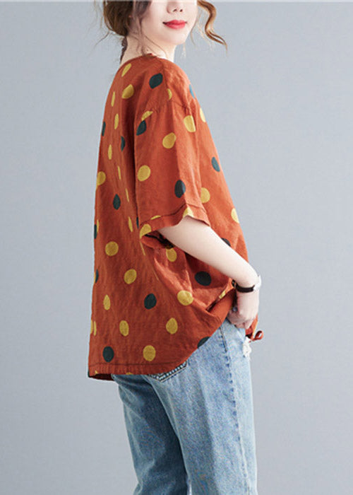 Orange V Neck Dot Drawstring Linen Tops Half Sleeve