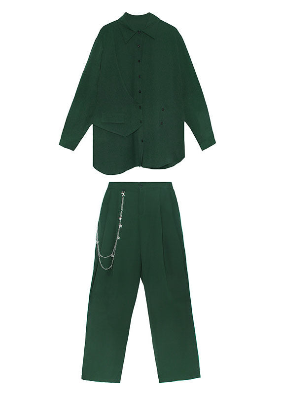 Modern Green Peter Pan Collar Button Asymmetrical Design Fall Two Piece Set