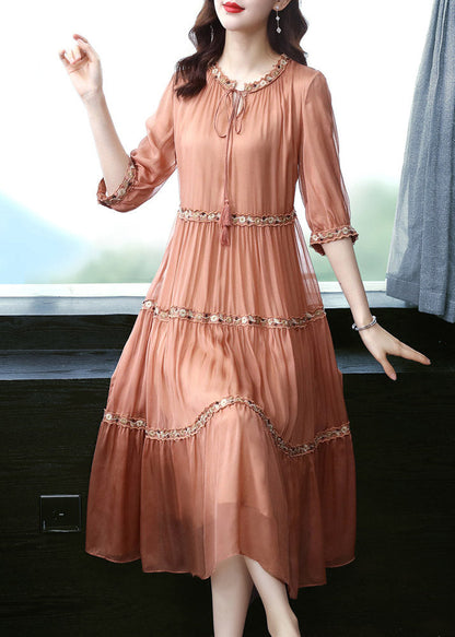 Orange O-neck Embroideried Silk Long Dress Summer