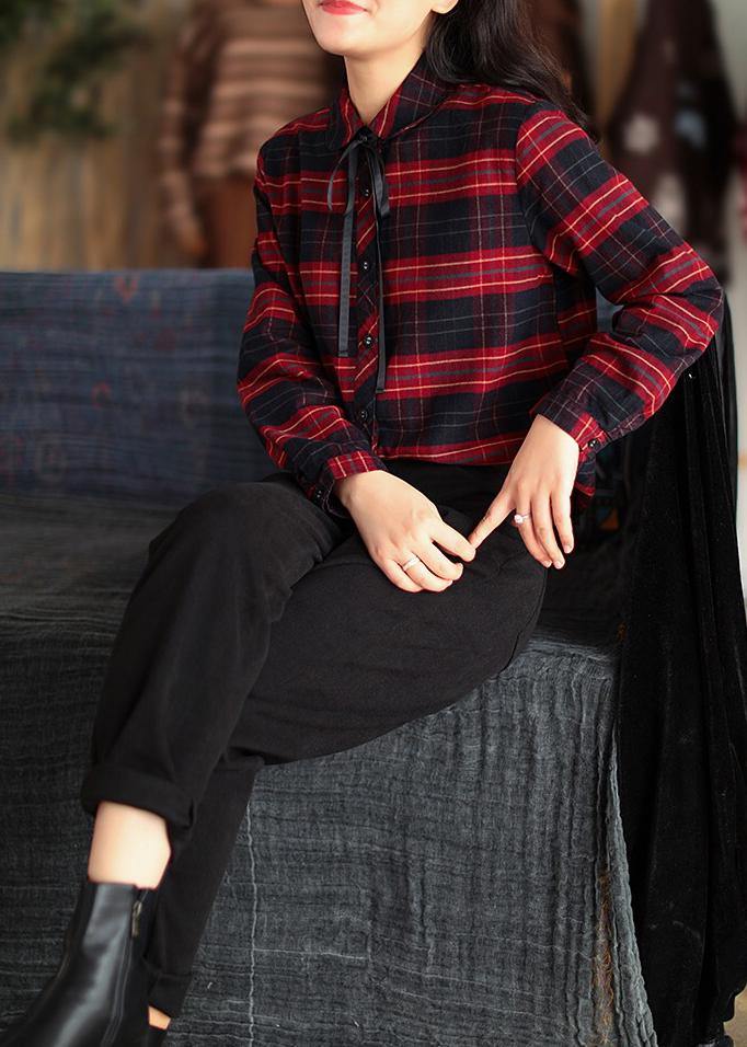 Modern Peter Pan Collar Spring Tunic Top Red Plaid Shirts