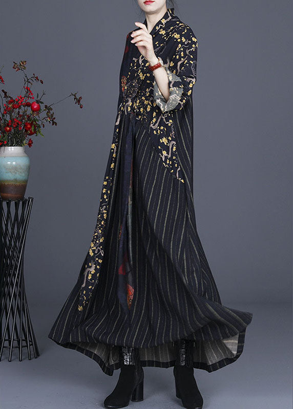 Unique Navy Print Patchwork Tie Waist Fall Long Sleeve Vacation Dresses