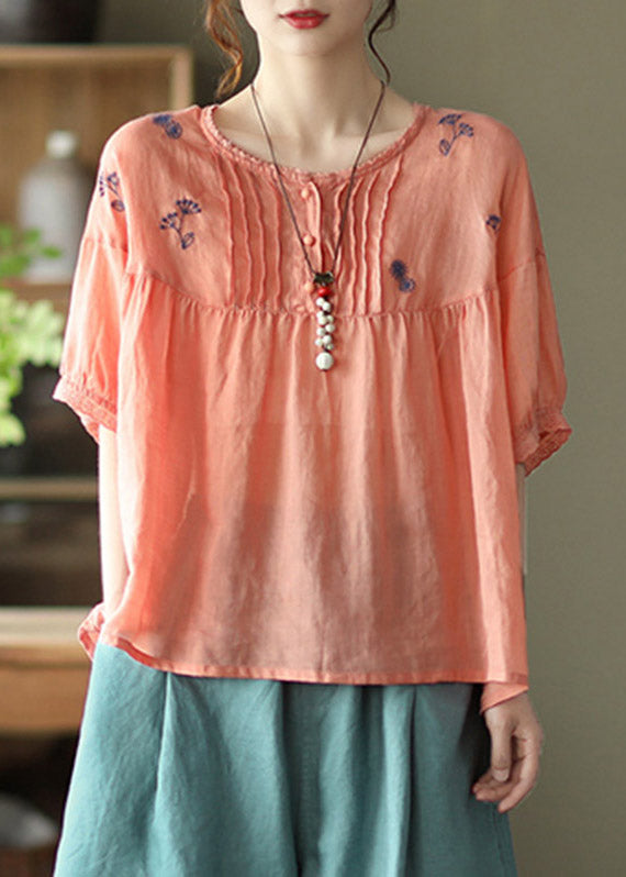 Handmade Orange O-neck Embroideried Button Wrinkled Linen Tops Half Sleeve
