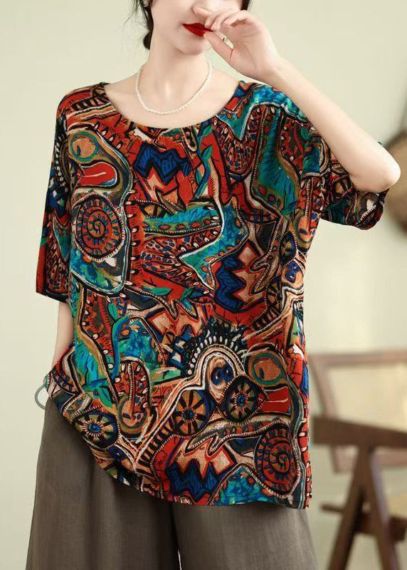 Loose Blue O-neck Print Shirt Top Summer